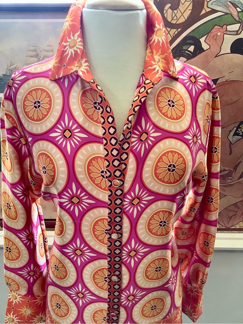 House of Harlow 1960 Pink and Orange Geometric Print Silk Blouse